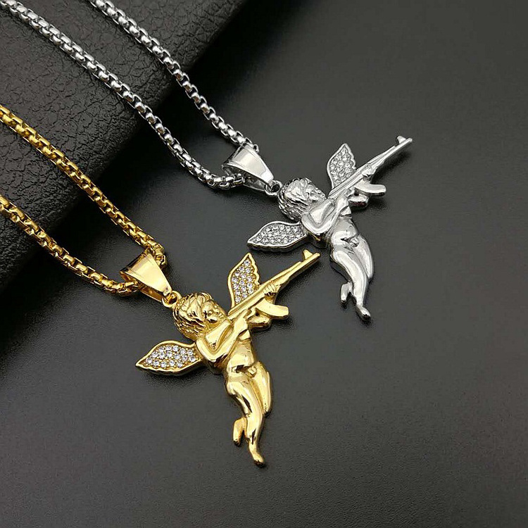 GZYS JEWELRY Hot Sale Hip Hop Jewelry Titanium Steel Gold Plated Crystal Diamond Angel Ak47 Pendant