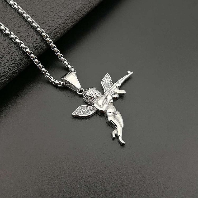 GZYS JEWELRY Hot Sale Hip Hop Jewelry Titanium Steel Gold Plated Crystal Diamond Angel Ak47 Pendant