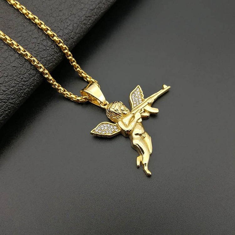 GZYS JEWELRY Hot Sale Hip Hop Jewelry Titanium Steel Gold Plated Crystal Diamond Angel Ak47 Pendant