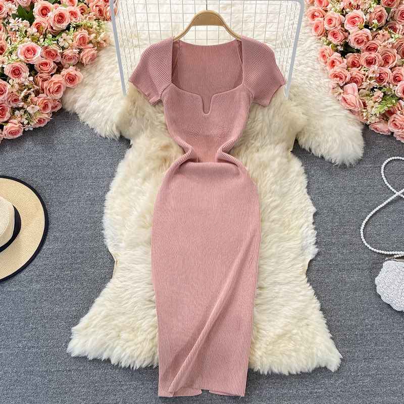 Summer Square Collar Short Sleeve Solid Knit Casual Dress Women High Waist Maxi Sheath Dress Ladies Elegant Dresses Wholesale