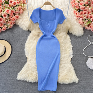 Summer Square Collar Short Sleeve Solid Knit Casual Dress Women High Waist Maxi Sheath Dress Ladies Elegant Dresses Wholesale