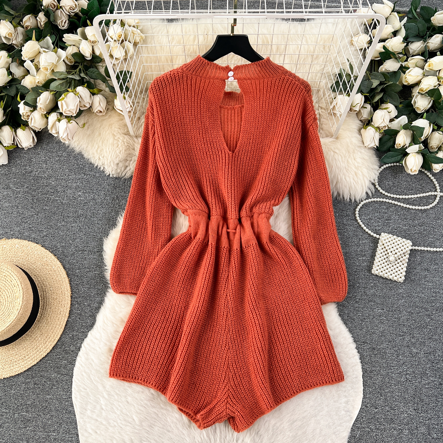 Autumn Korean O-Neck Tunic Jumpsuit For Women High Waist Hollow Out Lace Short Jumpsuit Ladies Casual Overalls Wholesale