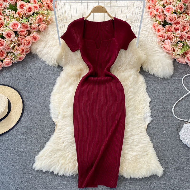 Summer Square Collar Short Sleeve Solid Knit Casual Dress Women High Waist Maxi Sheath Dress Ladies Elegant Dresses Wholesale