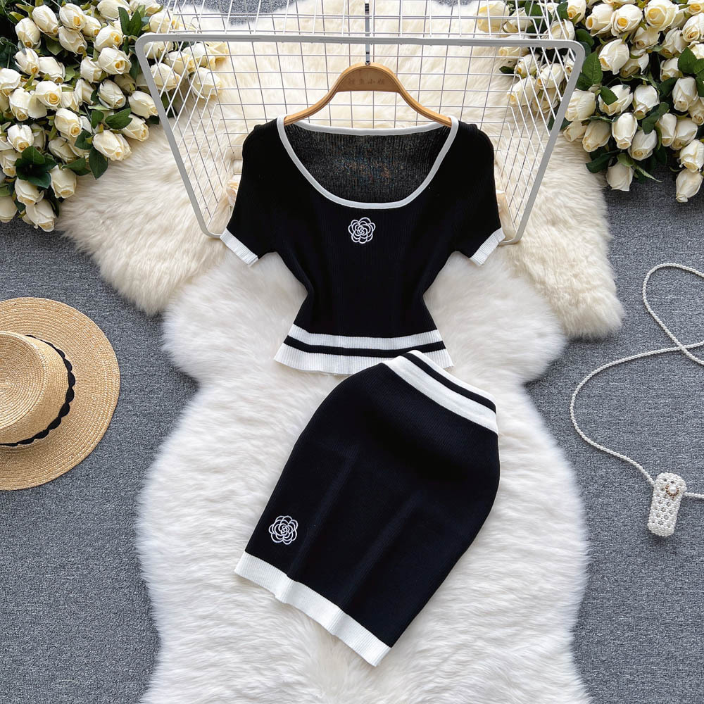 High Quality Women's Sets Summer Color Blocking Short Sleeve Tops Sexy Skirt Set Sweat Suits Wholesale