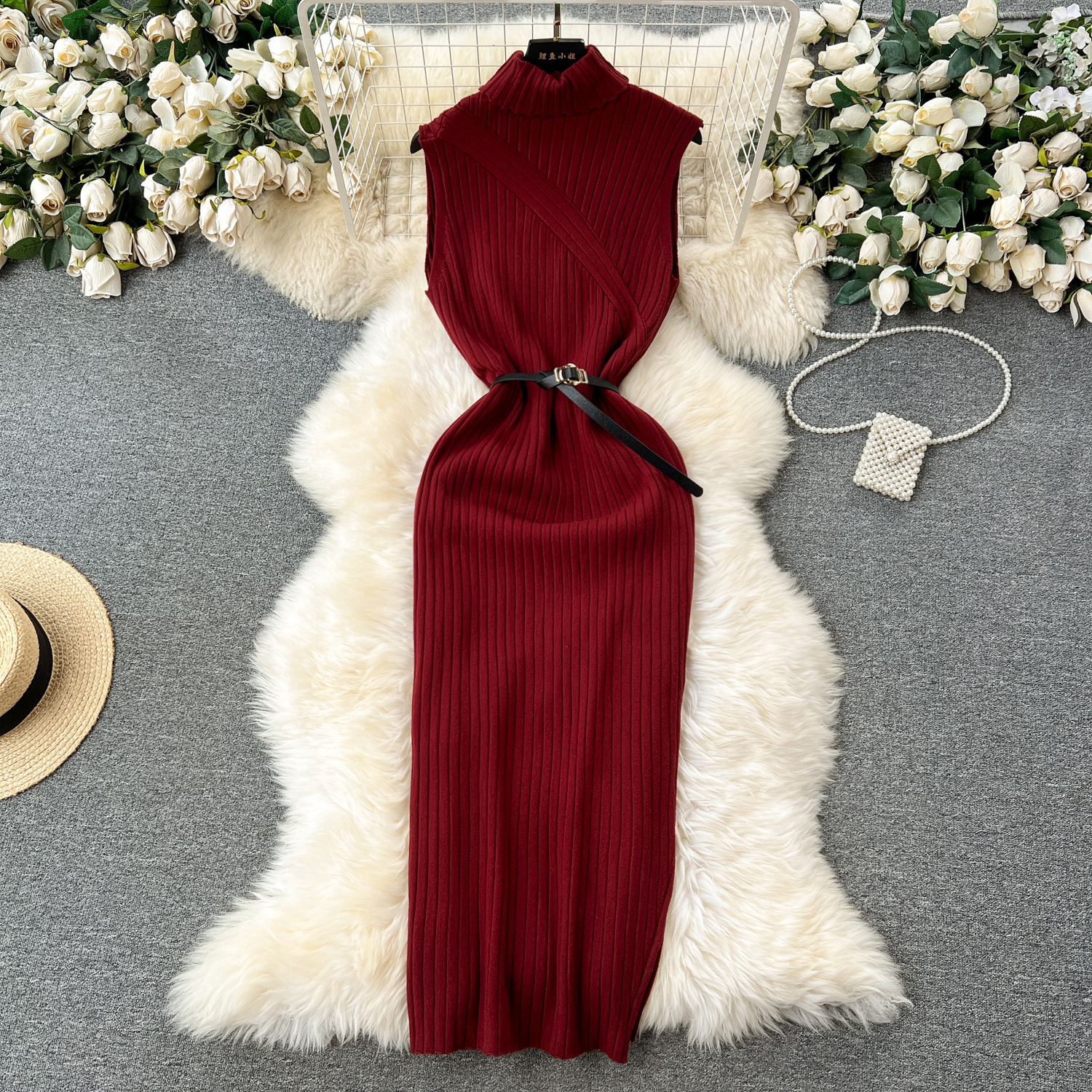 Summer Casual Turtleneck Tunic Slim Tank Midi Dress For Women Sleeveless Empire Lace Dresses Women's Fashion Dresses