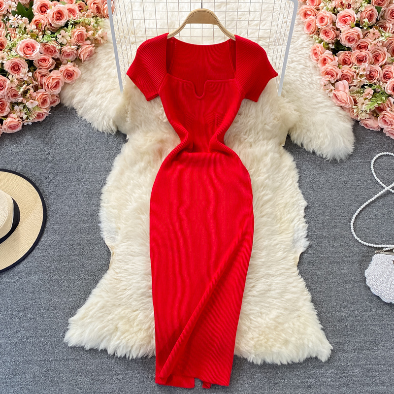 Summer Square Collar Short Sleeve Solid Knit Casual Dress Women High Waist Maxi Sheath Dress Ladies Elegant Dresses Wholesale