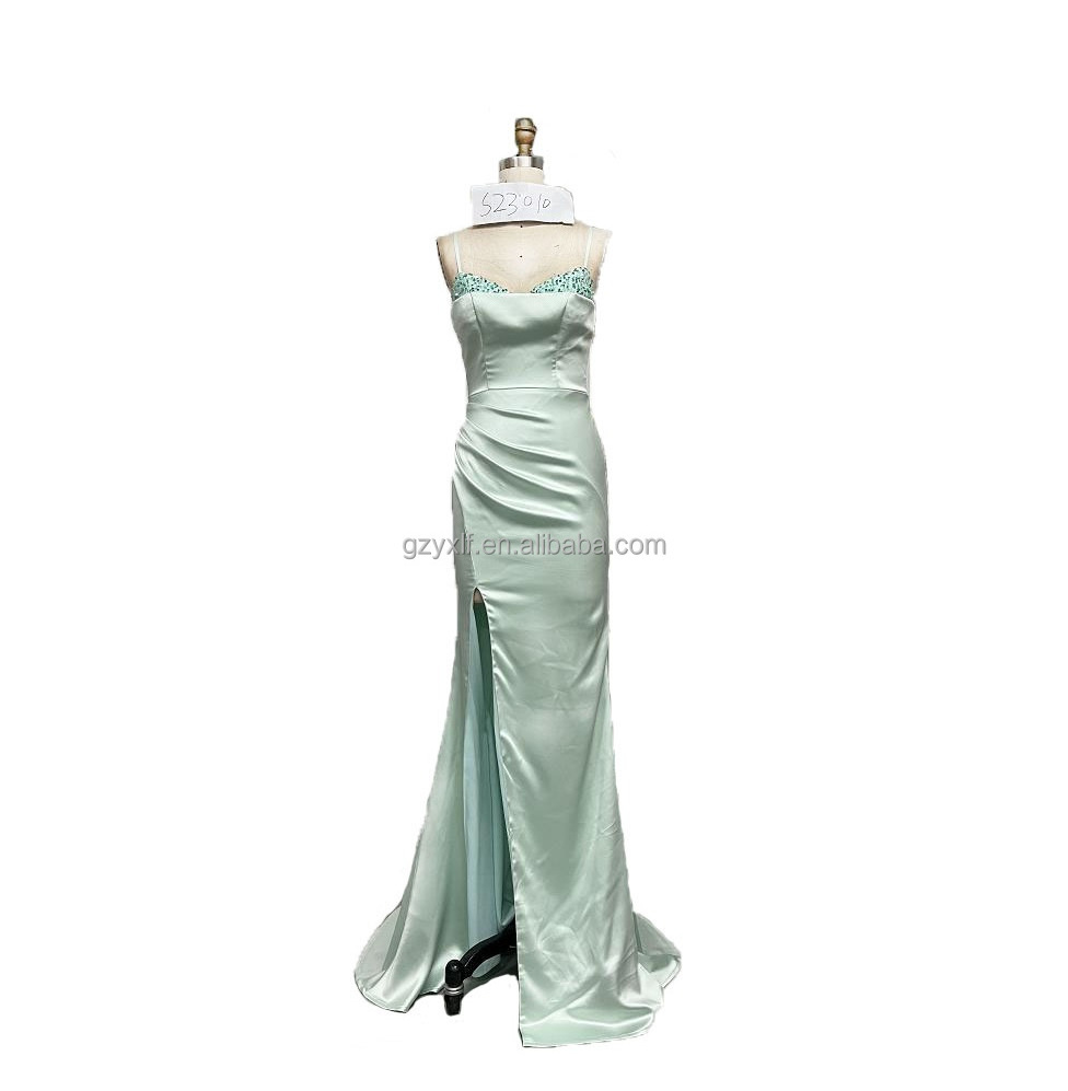 Light Green Sequined Spaghetti Strap Floor Length Polyester Wedding Party Matric Farewell Prom Dresses 2023