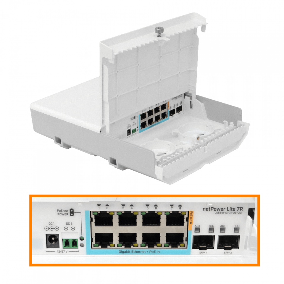 MikroTik CSS610-1Gi-7R-2S+OUT netPower Lite 7R 8-Port Outdoor Switch with 7-Port Reverse PoE 2-Port SFP+