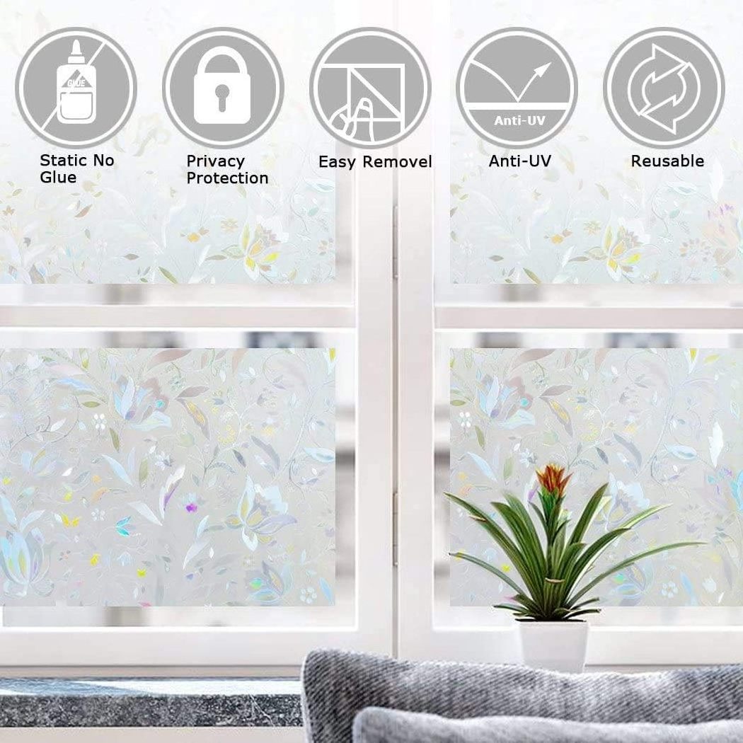 Window Privacy Film, Decorative Frosted Glass Removable Sticker, Stained Decals, Static Cling Vinyl Covering, Blooming Flowers