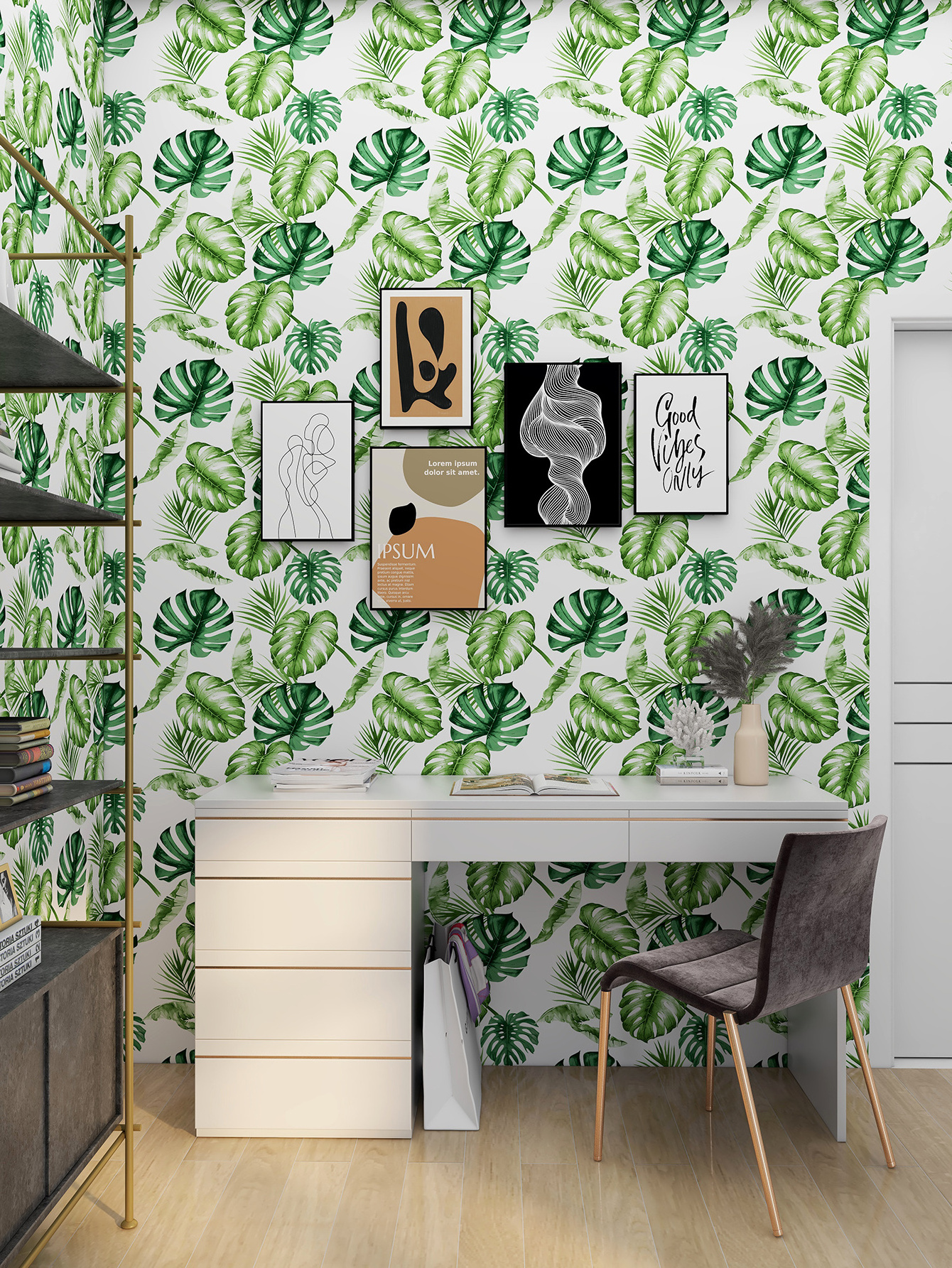 Stock green leaf self pattern self adhesive wallpaper waterproof peel and stick 3D wall sticker for living room