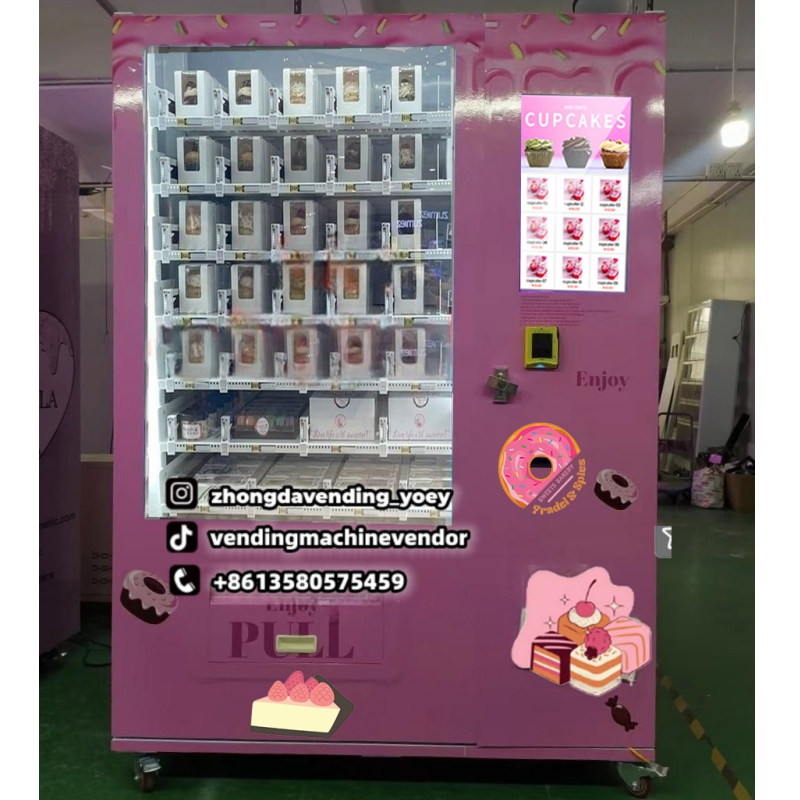 Multiple languages system conveyor belt refrigerator vending machine for salad sandwich cupcake and milk tea with elevator