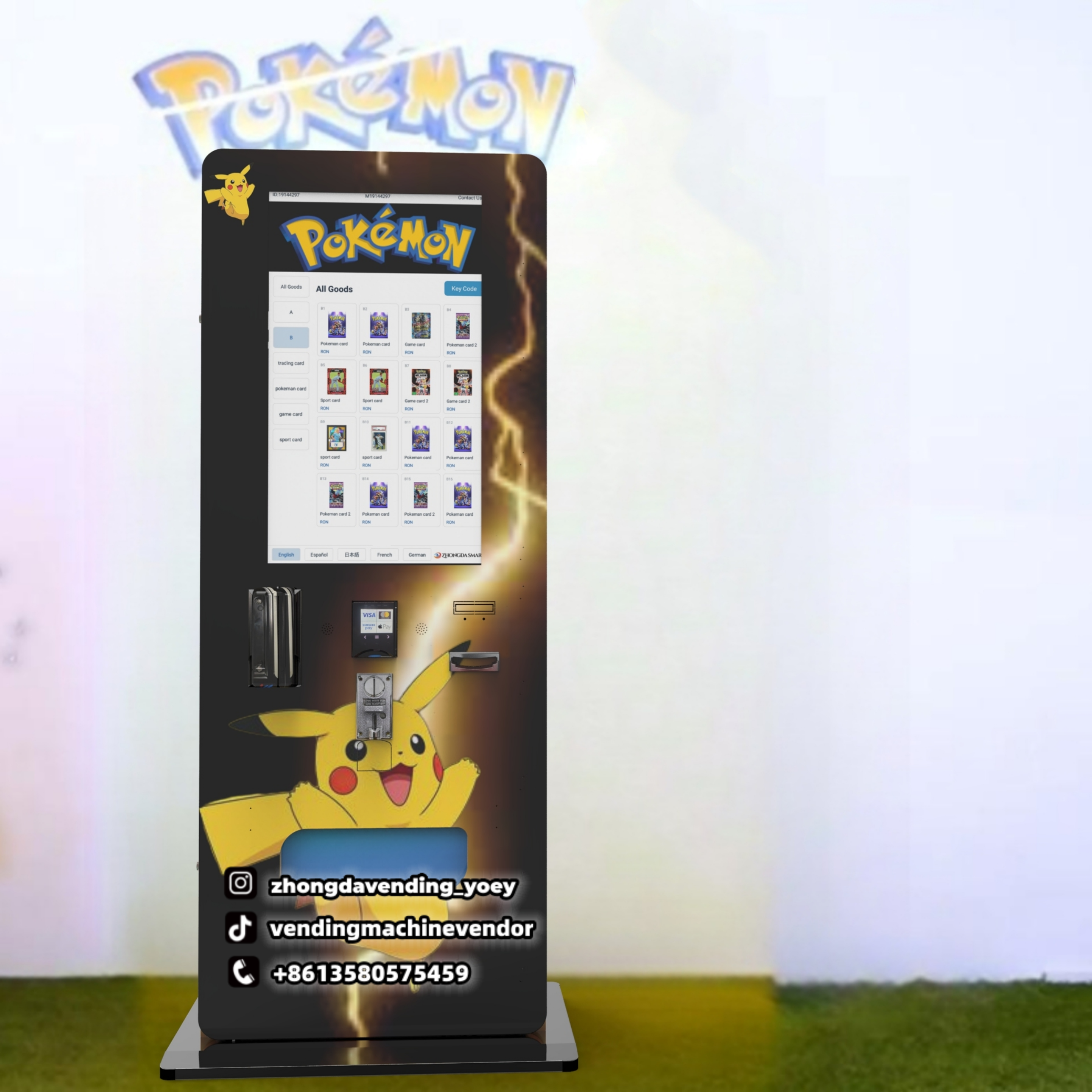 Coin-Operated Ppokemon TCG Trading Card Vending Machine with Token and Credit Card Payment Systems Includes Stand