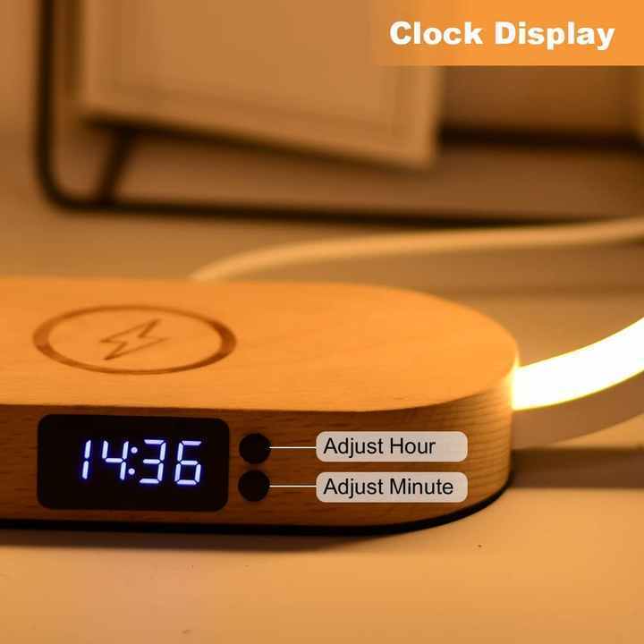 Hot Selling Simple Ideas Wireless Fast Charger and Clock Wooden Bedside Table Lamp