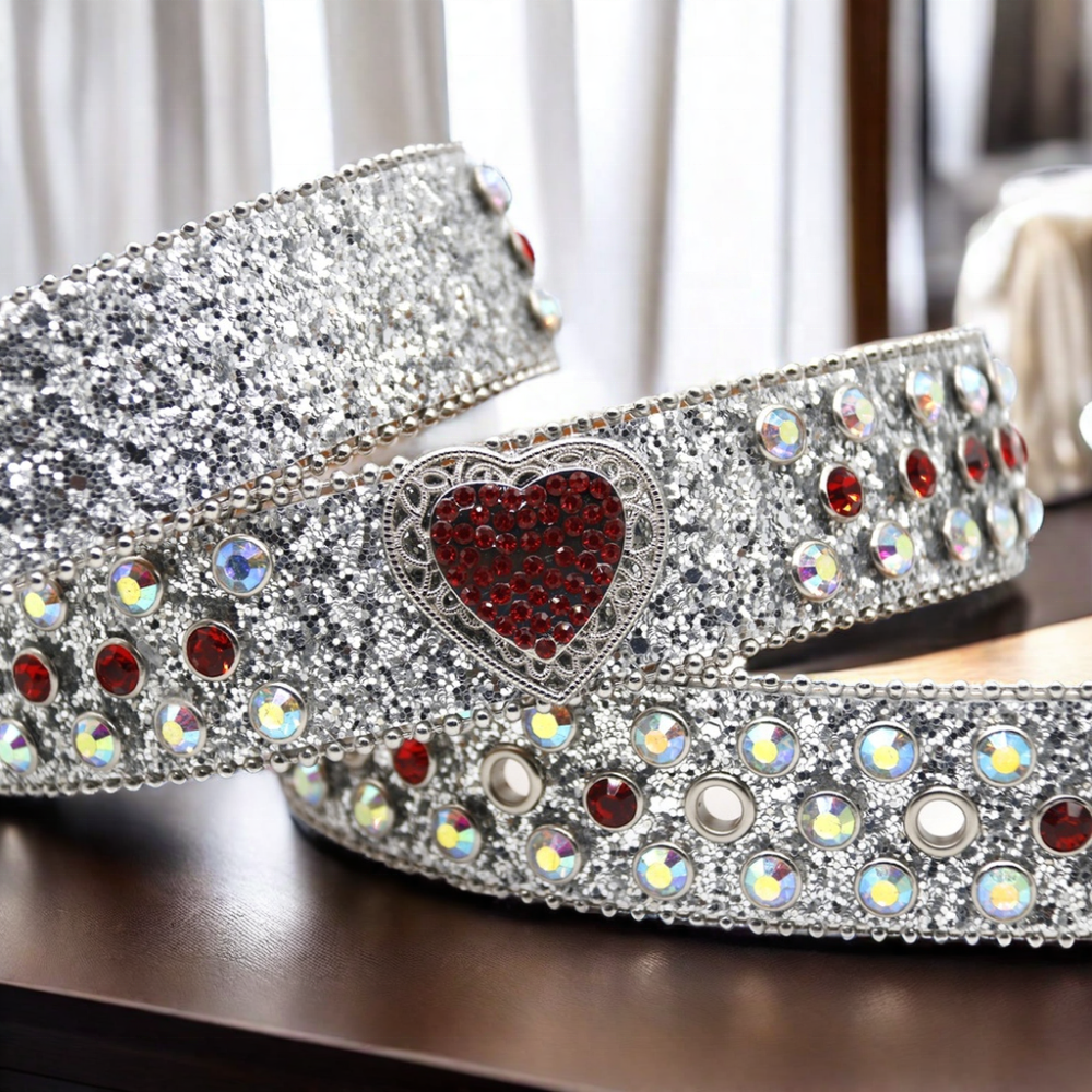 High Quality Western Luxury Men's Belt Wide Width with Crystal Rhinestone and Love Design Punk Fashion Trend Buckle Style