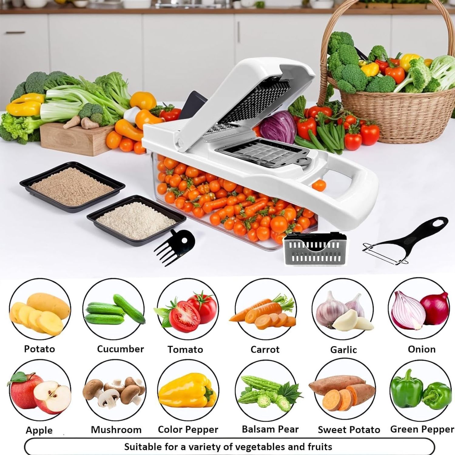 Vegetable Chopper - Cheese Grater, 26-in-1 Mandoline Slicer Chopper Vegetable Cutter, Anti-Slip Container, Chop-Cut-Spiralizer