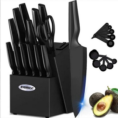 15PCS German Stainless Steel Kitchen knife Block Set, Knives Set for Kitchen with Built-in Sharpener, Black