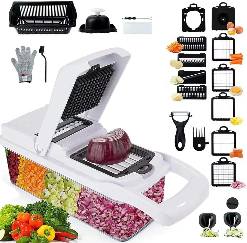 Vegetable Chopper - Cheese Grater, 26-in-1 Mandoline Slicer Chopper Vegetable Cutter, Anti-Slip Container, Chop-Cut-Spiralizer