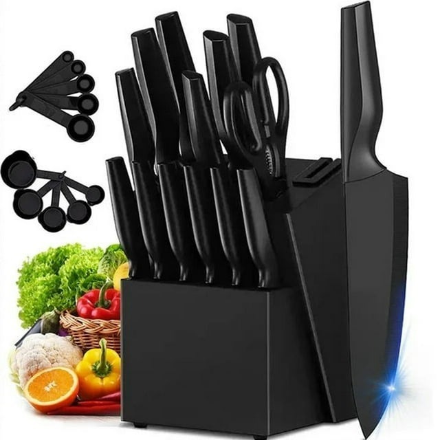 15PCS German Stainless Steel Kitchen knife Block Set, Knives Set for Kitchen with Built-in Sharpener, Black