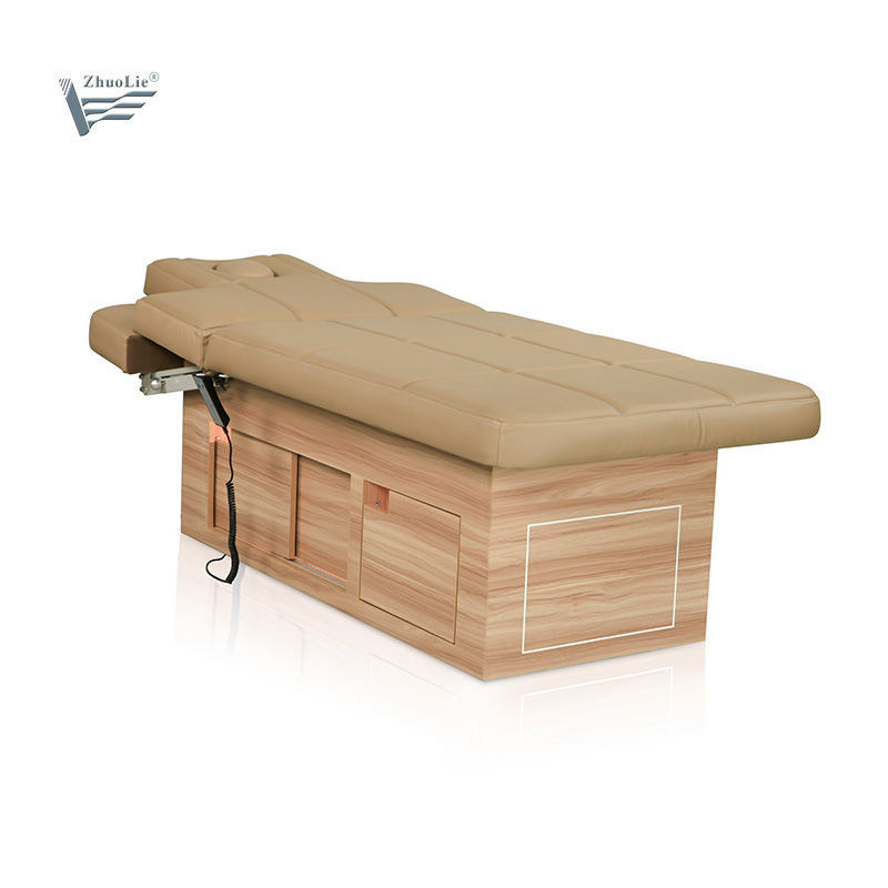 Thai Resort Simple Wooden Backrest Lift Electric Spa Beds Table De Massage with Wooden Cabinet