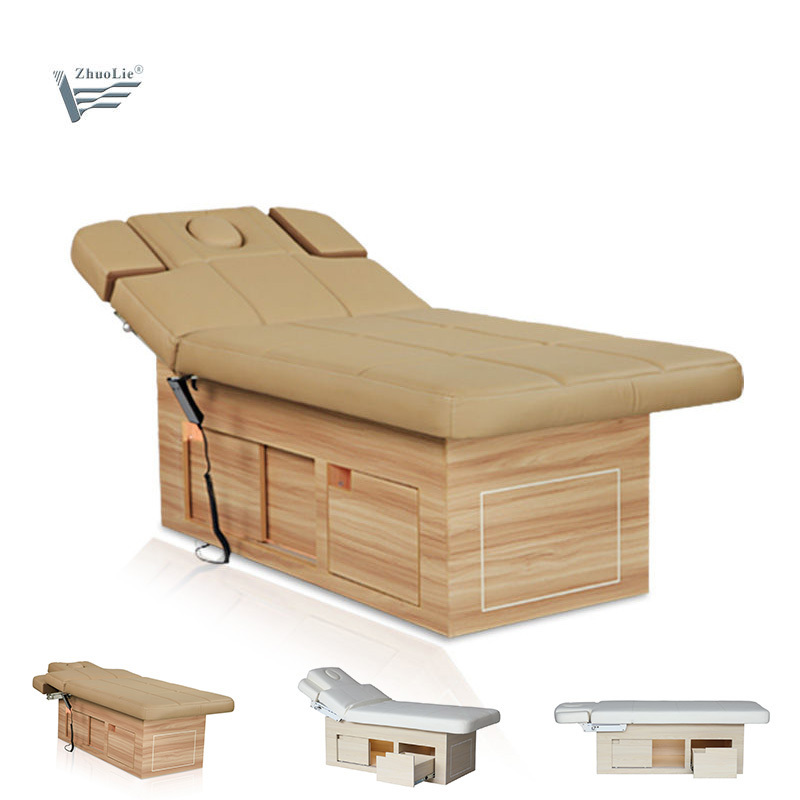 Thai Resort Simple Wooden Backrest Lift Electric Spa Beds Table De Massage with Wooden Cabinet