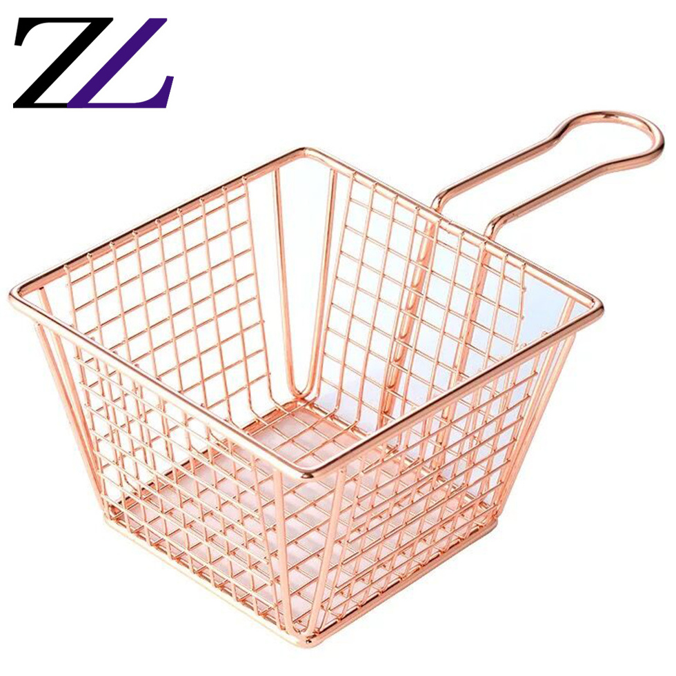 Catering dining wares metal french fries copper burger basket small storage fine mesh stainless steel wire mesh stacking basket