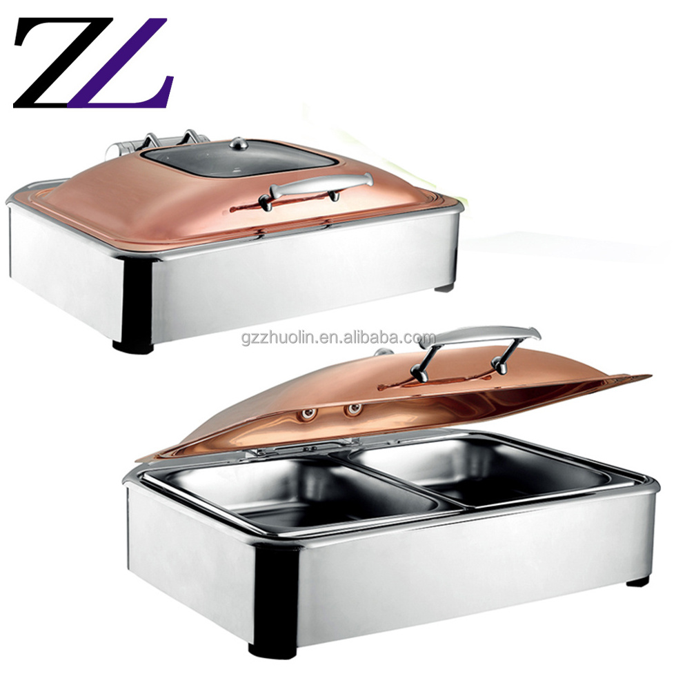 Banquet rose gold copper glass lid chafer chafing dish display insulated electric table oven buffet heaters server foodwarmer