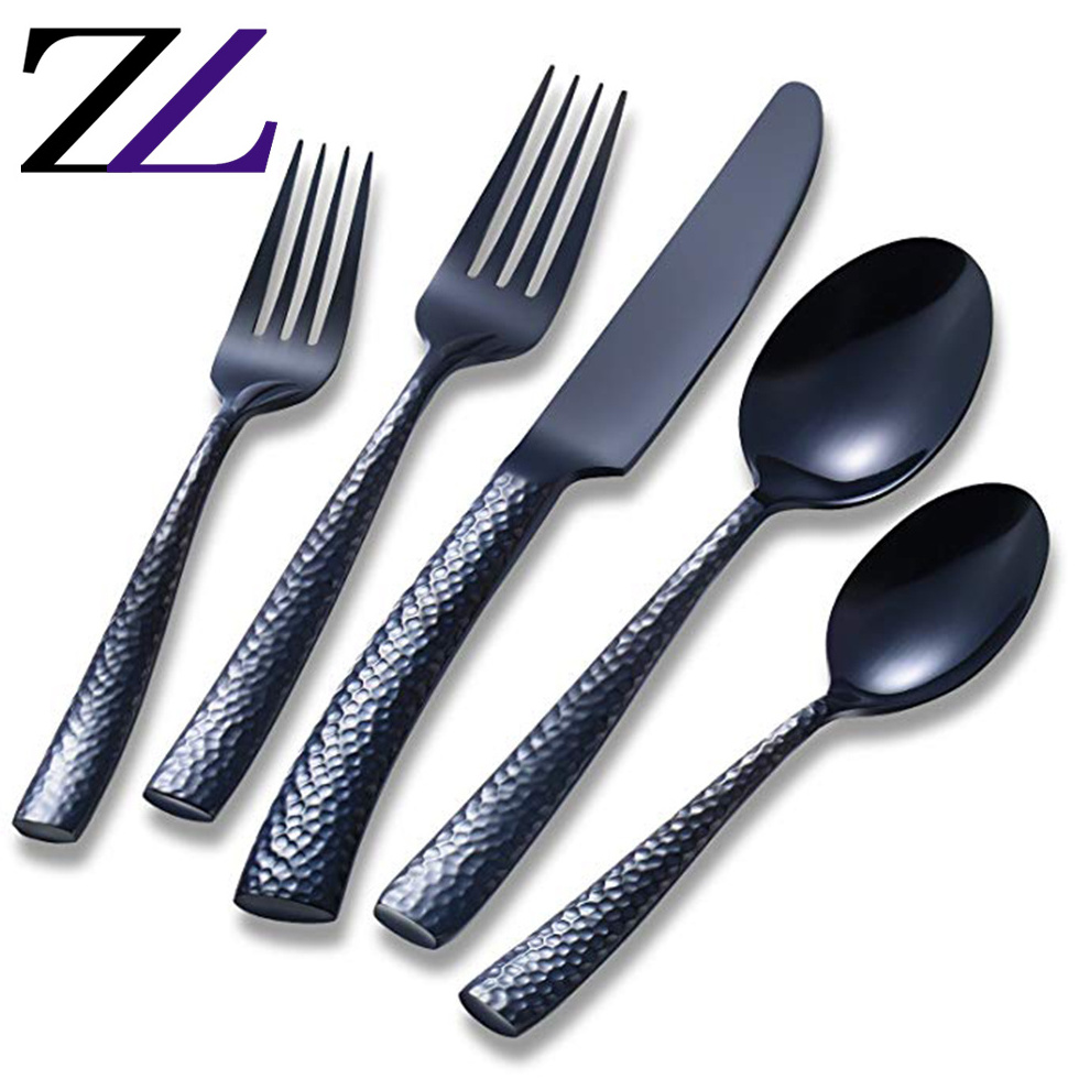 18/10SS mirror finished decorative high quality durable hammered 5pcs dinnerware flatware set stainless steel black cutlery