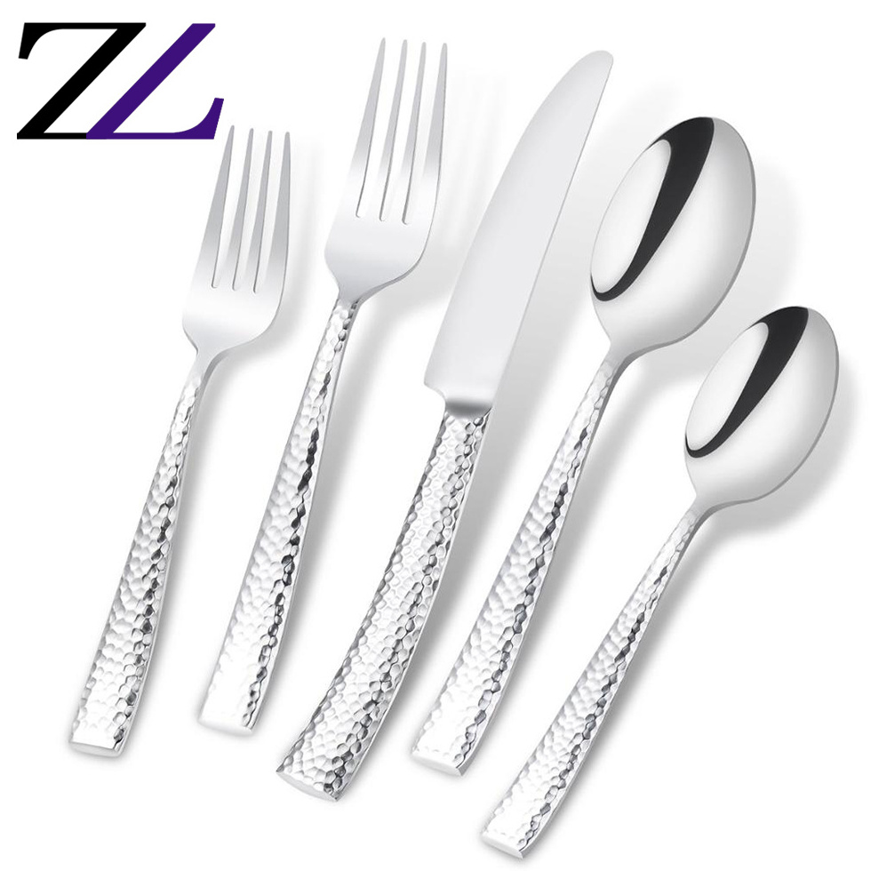 18/10SS mirror finished decorative high quality durable hammered 5pcs dinnerware flatware set stainless steel black cutlery