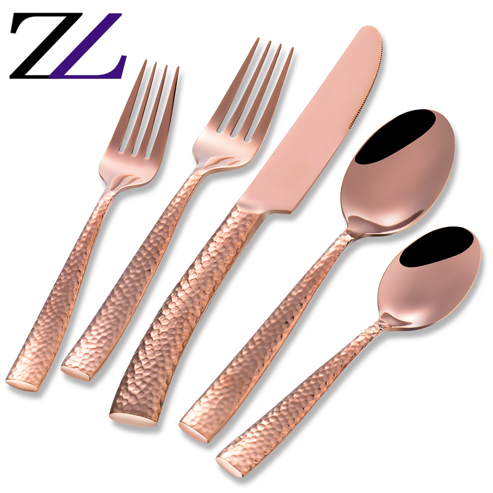 18/10SS mirror finished decorative high quality durable hammered 5pcs dinnerware flatware set stainless steel black cutlery