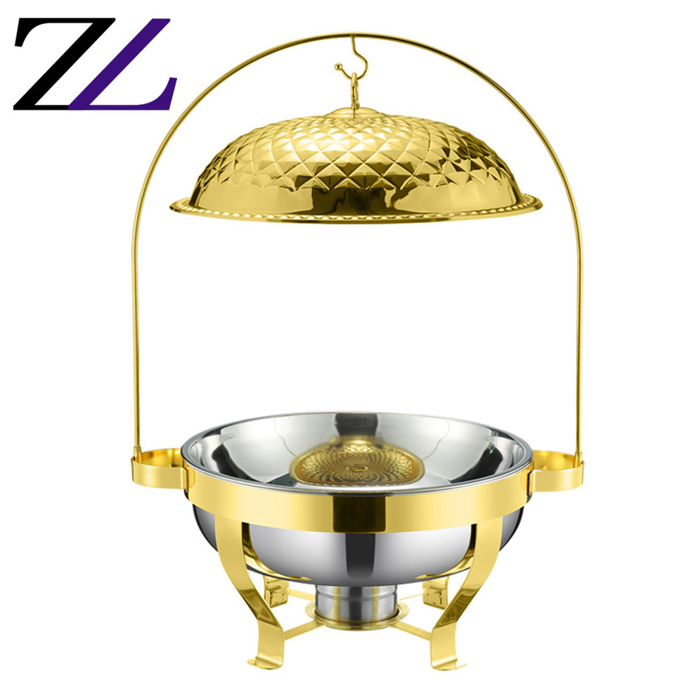 Used wedding catering equipment guangzhou stainless steel food tray food warmer bowl with hanging plate cover chafing dish