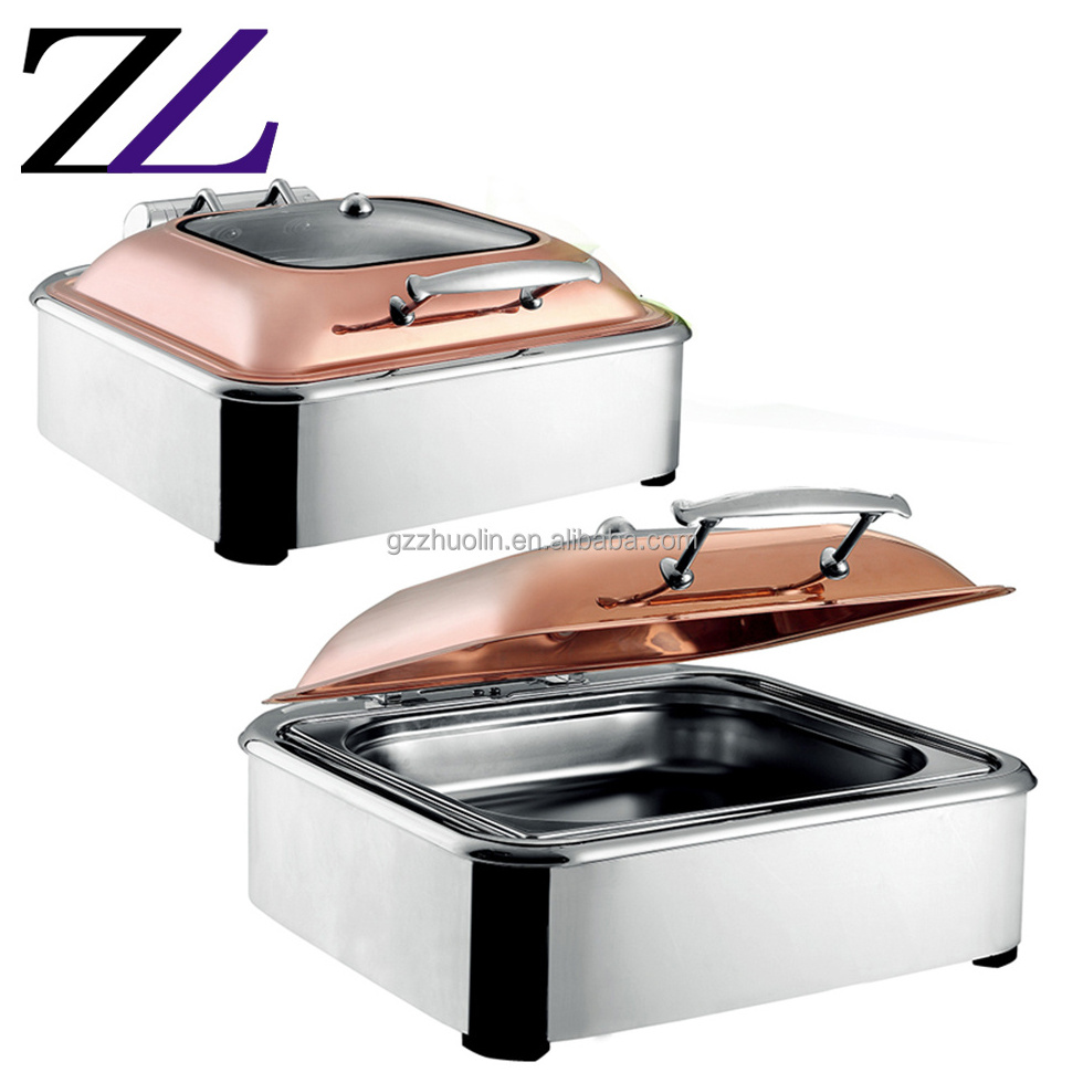 Banquet rose gold copper glass lid chafer chafing dish display insulated electric table oven buffet heaters server foodwarmer