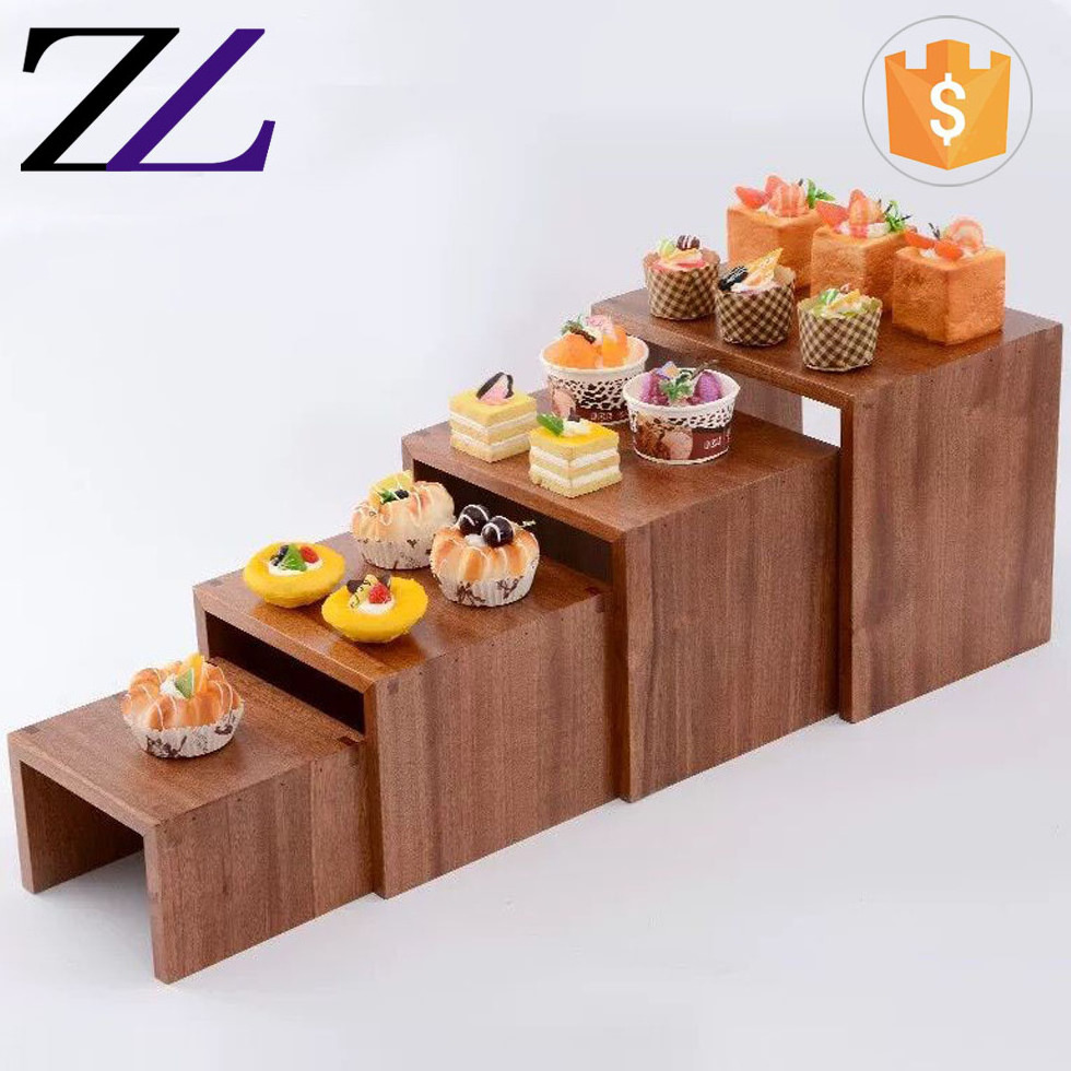 Wedding catering items solid sapele wood shelves buffet 5 tier cupcake floor shape food dessert display risers cake stand wooden