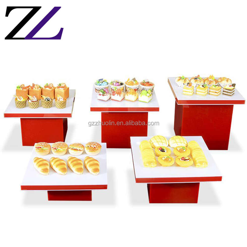 Luxury party decorative red acryclic riser cube vitrail buffet food dessert raisers display stand set acrylic buffet elevation