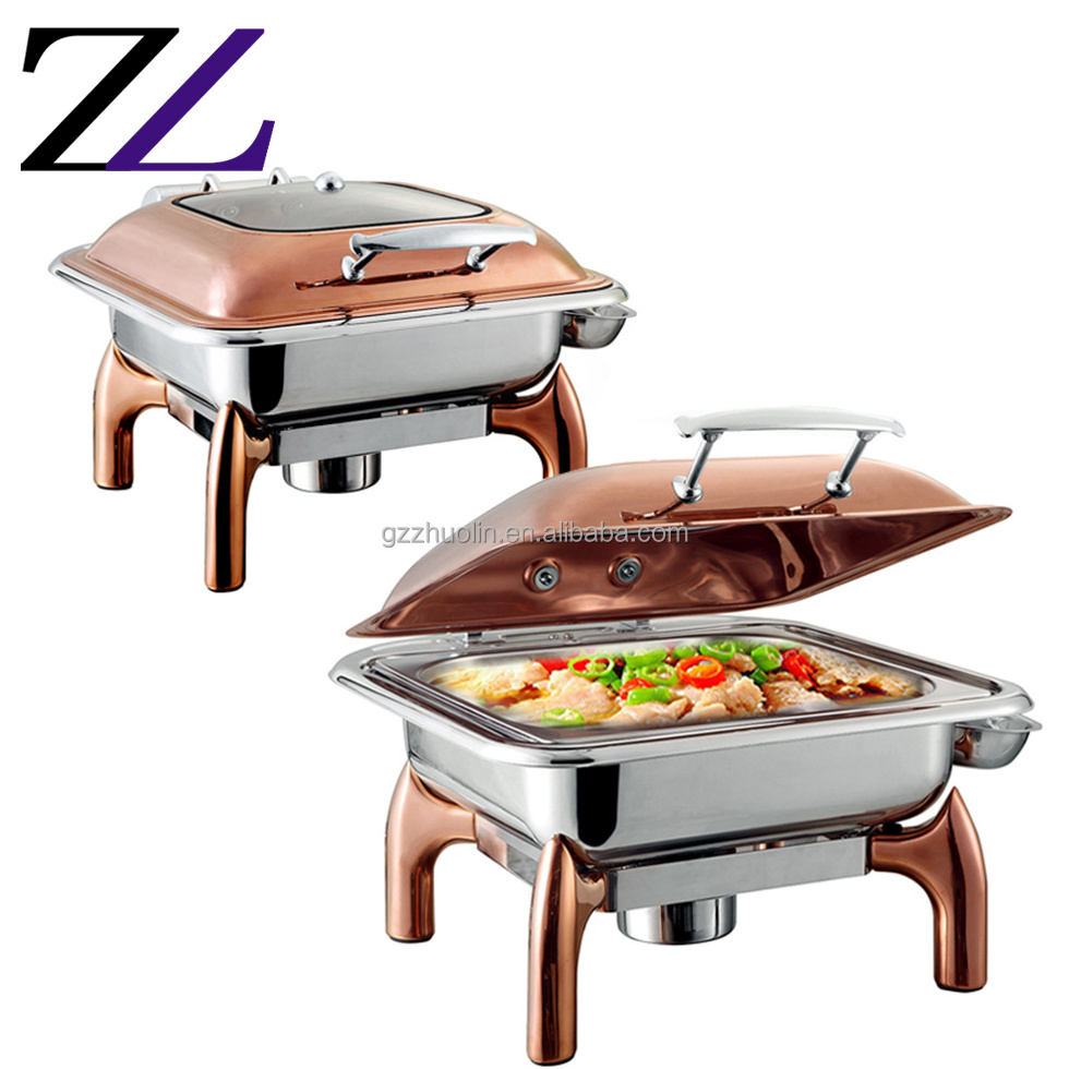 Banquet rose gold copper glass lid chafer chafing dish display insulated electric table oven buffet heaters server foodwarmer