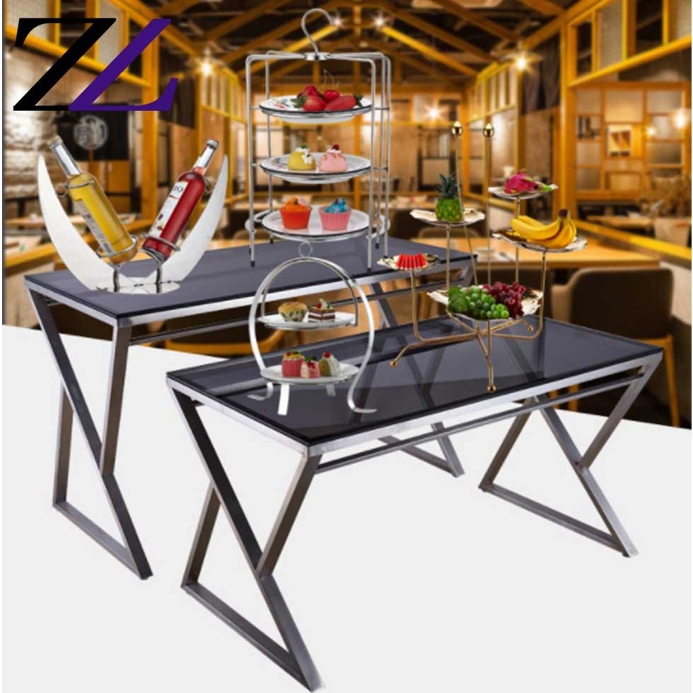 Modern design stainless steel meja makan table set restaurant catering furniture commercial buffet catering dining glass table