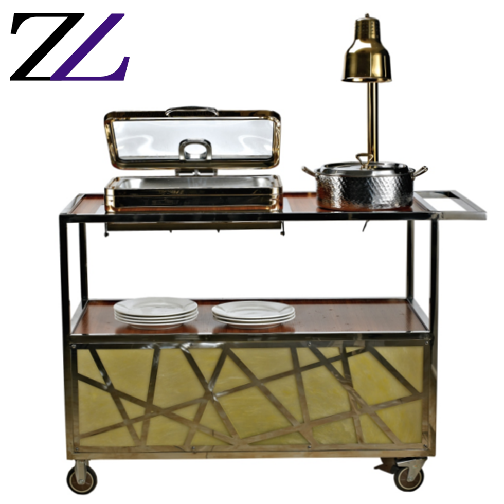 Mobile buffet trailer car 2 layers led table display stainless steel hand carts dining food luxury tea serving table trolley