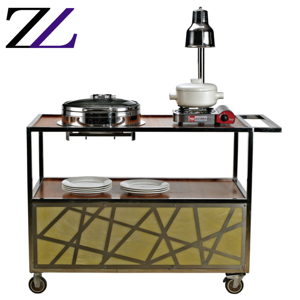 Mobile buffet trailer car 2 layers led table display stainless steel hand carts dining food luxury tea serving table trolley