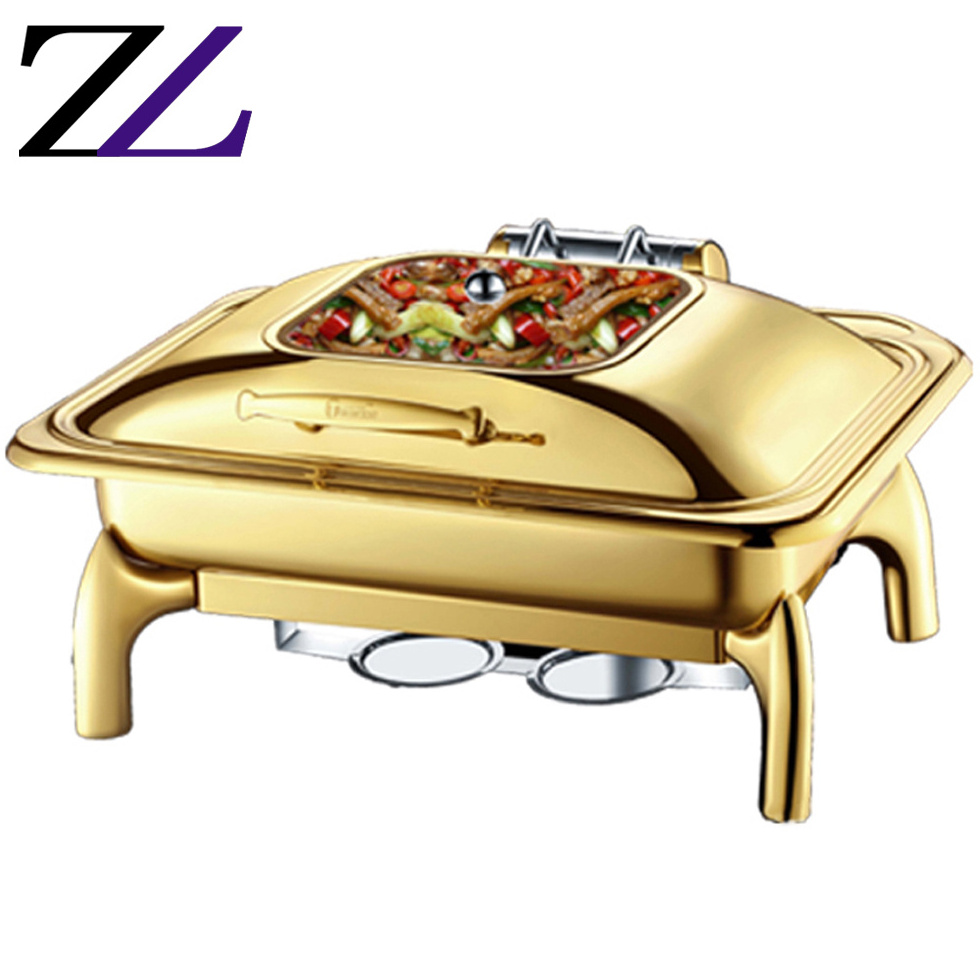 Luxury modern glass lid cover brass buffet utensils ware golden chafing dish for hotel restaurant supplies chafing dishes warmer