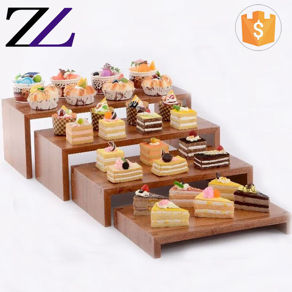 Wedding catering items solid sapele wood shelves buffet 5 tier cupcake floor shape food dessert display risers cake stand wooden