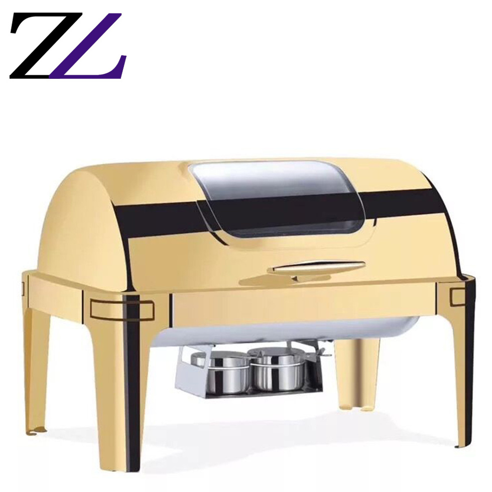 Luxury modern glass lid cover brass buffet utensils ware golden chafing dish for hotel restaurant supplies chafing dishes warmer