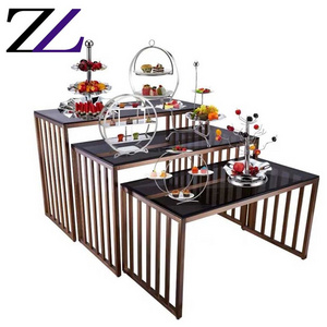 5 stars hotel supply wedding banquet buffet catering dessert cake tableware food display black glass rose gold bar dining table