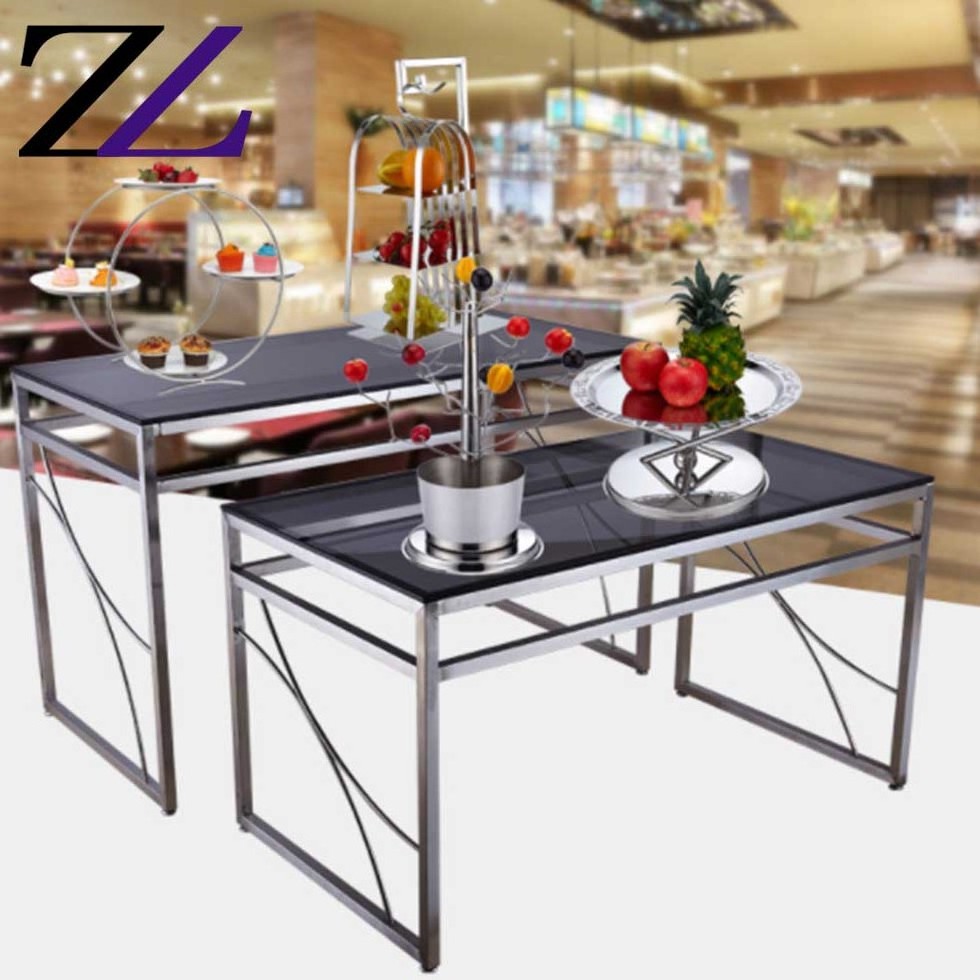 Modern design stainless steel meja makan table set restaurant catering furniture commercial buffet catering dining glass table