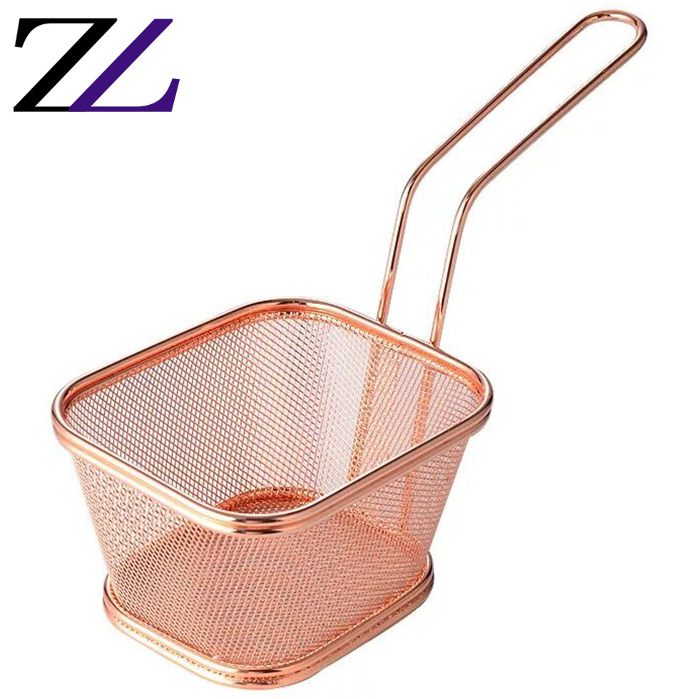 Catering dining wares metal french fries copper burger basket small storage fine mesh stainless steel wire mesh stacking basket