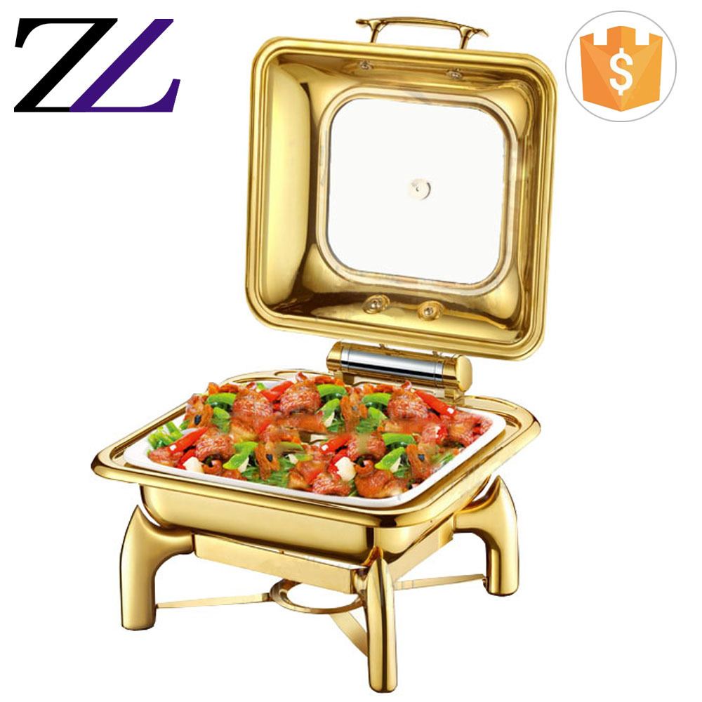 Luxury modern glass lid cover brass buffet utensils ware golden chafing dish for hotel restaurant supplies chafing dishes warmer