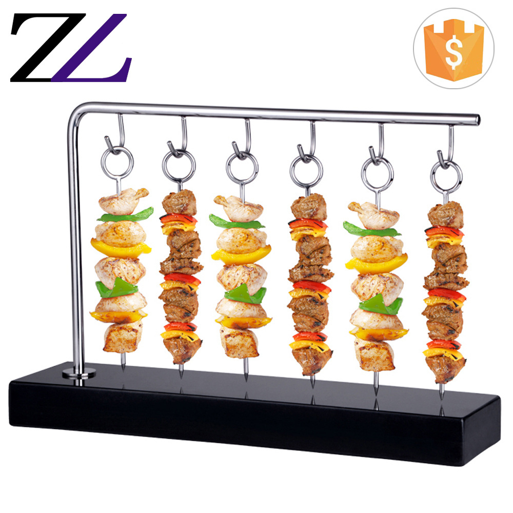 Korean bbq restaurant equipment black slate base hanging stainless steel meat beef skewer stand, flat kebab skewers