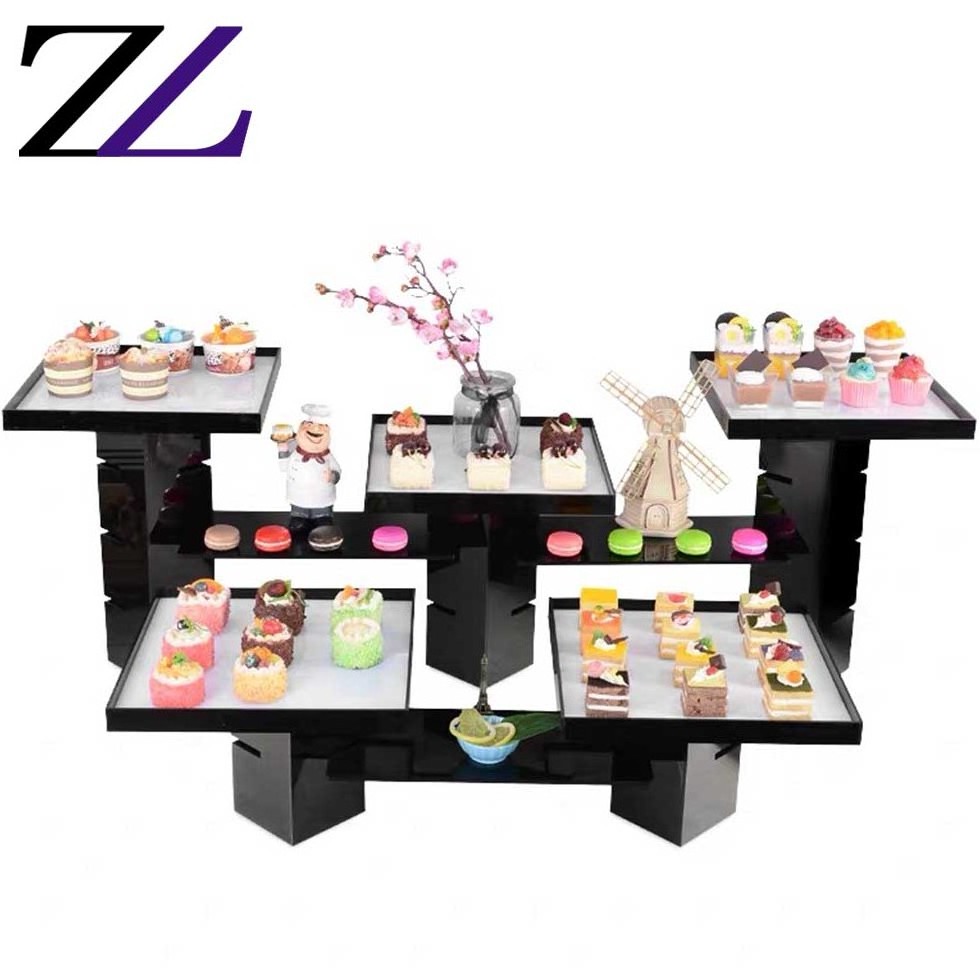 Luxury party decorative red acryclic riser cube vitrail buffet food dessert raisers display stand set acrylic buffet elevation