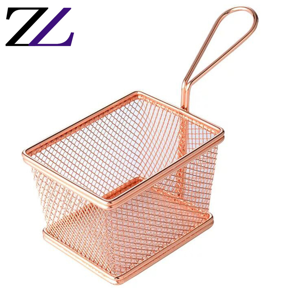 Catering dining wares metal french fries copper burger basket small storage fine mesh stainless steel wire mesh stacking basket