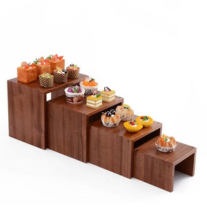 Wedding catering items solid sapele wood shelves buffet 5 tier cupcake floor shape food dessert display risers cake stand wooden