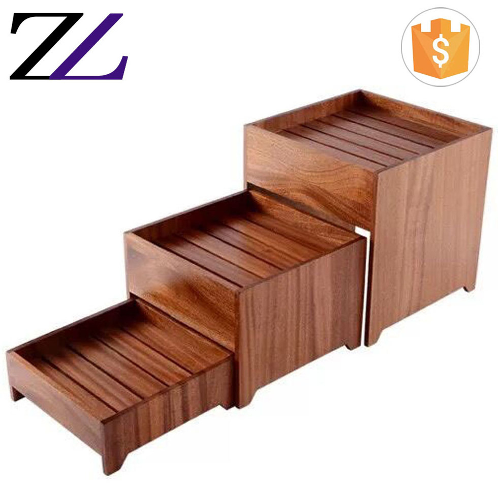 Wedding catering items solid sapele wood shelves buffet 5 tier cupcake floor shape food dessert display risers cake stand wooden