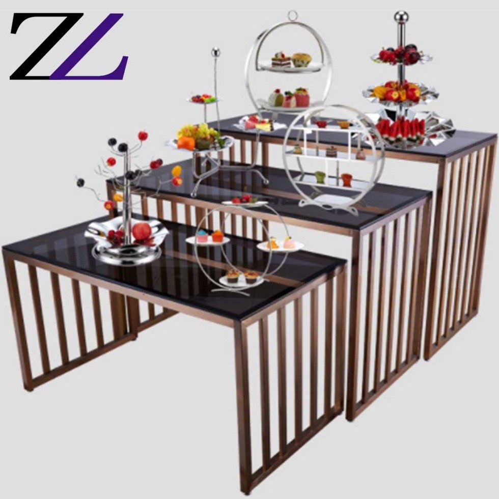 Modern design stainless steel meja makan table set restaurant catering furniture commercial buffet catering dining glass table